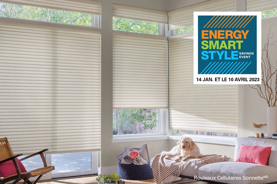 Energy Smart Style Saving Event - white living room with large energy efficient shades in the windows..